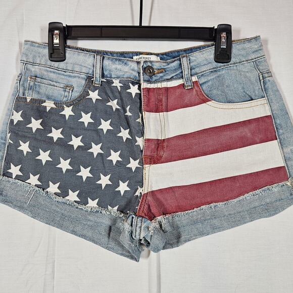 Forever 21 Shorts Womens 28 Denim American Flag Cutoff Distressed Stars Stripes - Picture 1 of 8